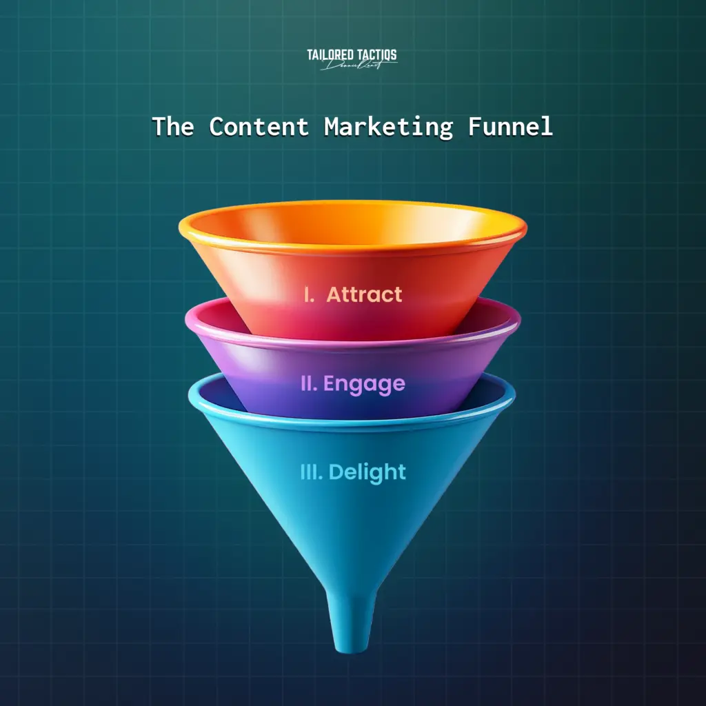 An infographic titled "The Content Marketing Funnel" depicting a three-stage funnel: I. Attract (orange), II. Engage (purple), and III. Delight (blue). The funnel narrows from top to bottom, illustrating the customer journey in content marketing, created by Tailored Tactiqs.