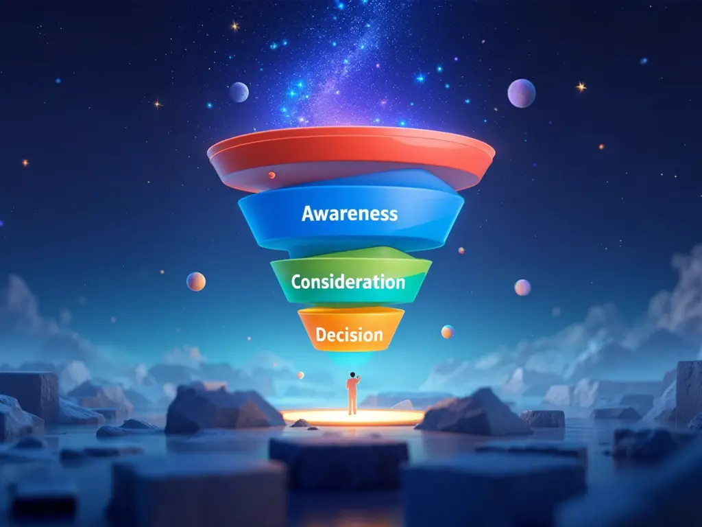 Eine stilisierte Illustration eines Marketingtrichters mit drei Stufen - Bewusstsein (blau), Erwägung (grün) und Entscheidung (orange) - vor einem kosmischen Hintergrund mit Planeten, Sternen und einer felsigen Landschaft. An der Basis des Trichters steht die Silhouette einer Person, die von einem glühenden Licht beleuchtet wird. Die Grafik symbolisiert das Konzept von Content Marketing und zeigt, warum es so wichtig ist.