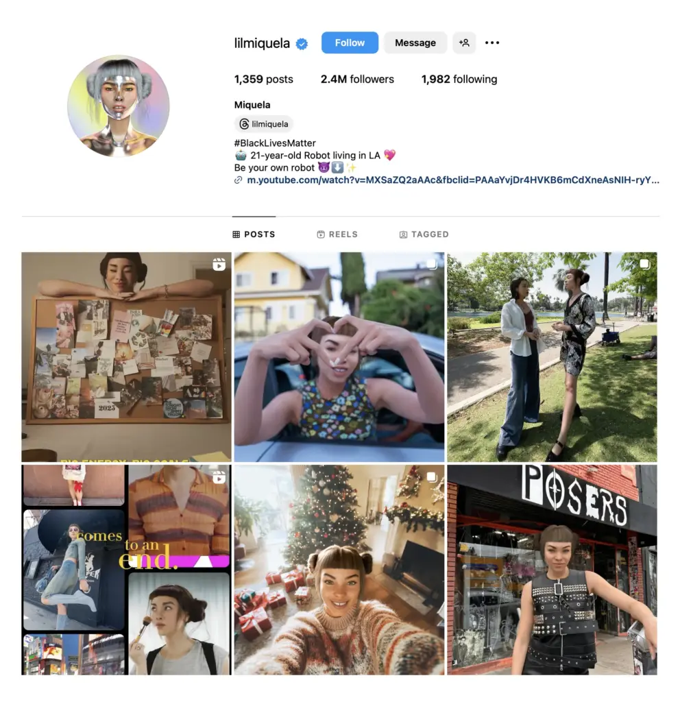 A screenshot of Lil Miquela's Instagram profile